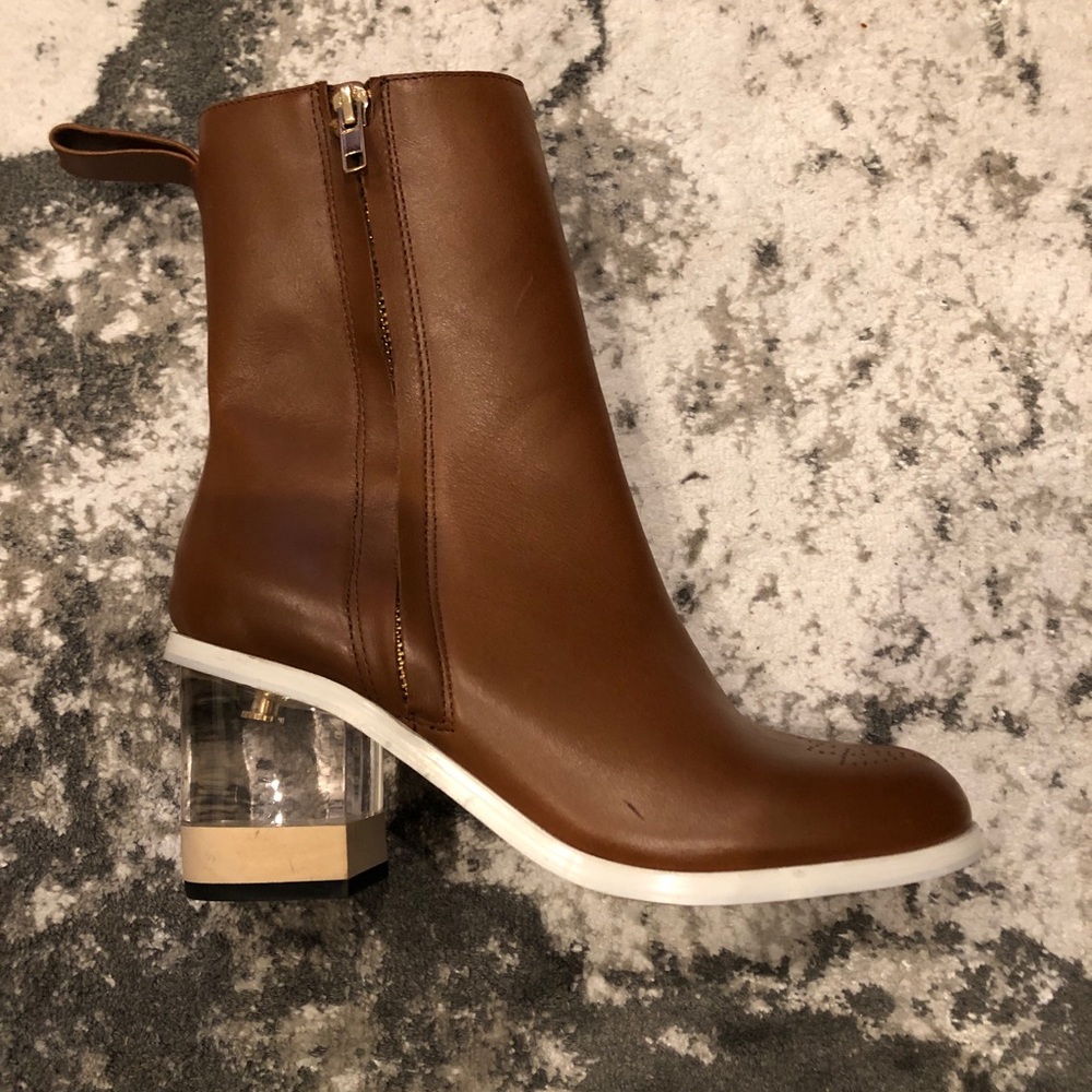 Cognac Block Heel Boot with Lucite/Wood Heel